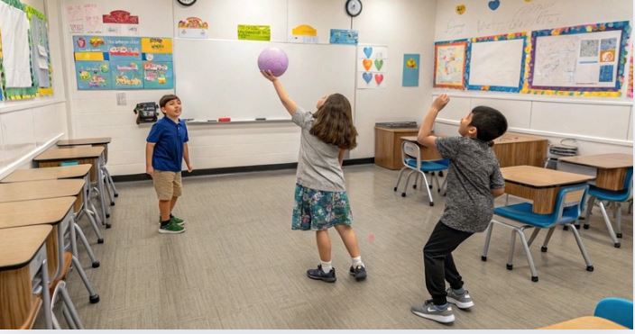 Children playing Silent Ball in classroom