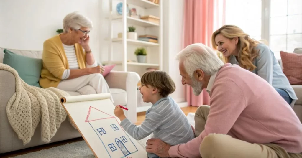 A multigenerational family in a cozy living room playing Pictionary. A child is drawing a simple house while grandparents and parents cheer and guess. Soft, pastel tones emphasize the warm and loving environment.