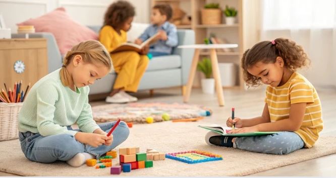 Children engaged in quiet play activities