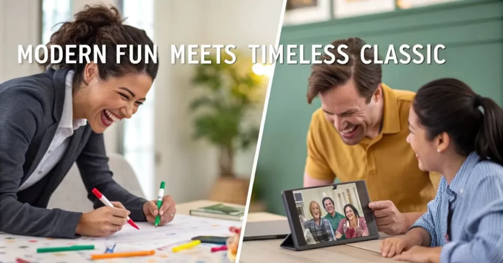 Split-screen showing players playing traditional Pictionary around a table on one side and an online game on video calls on the other