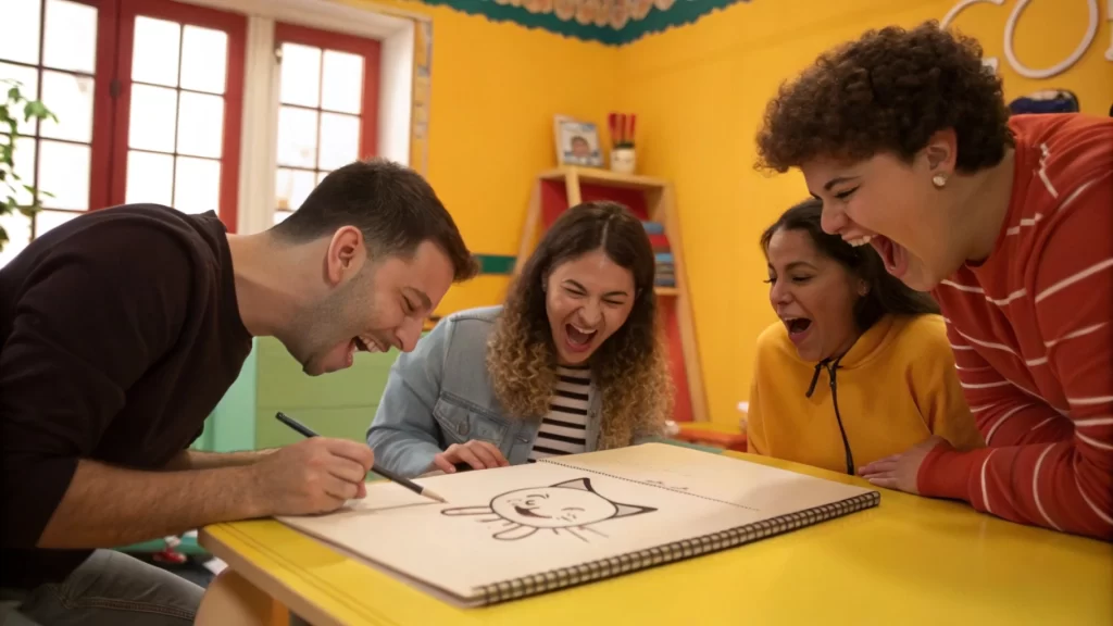 A group of friends gathered around a table, one person drawing a cat on a whiteboard while others excitedly guess.