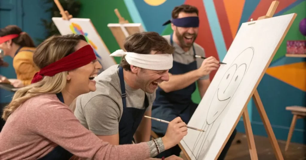 Players engaging in quirky Pictionary variations, like drawing blindfolded or using non-dominant hands, with exaggerated expressions of fun.