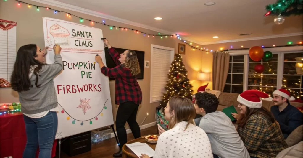 A lively party scene with people playing Pictionary. The words being guessed relate to holidays like "Santa Claus," "Pumpkin Pie," or "Fireworks."