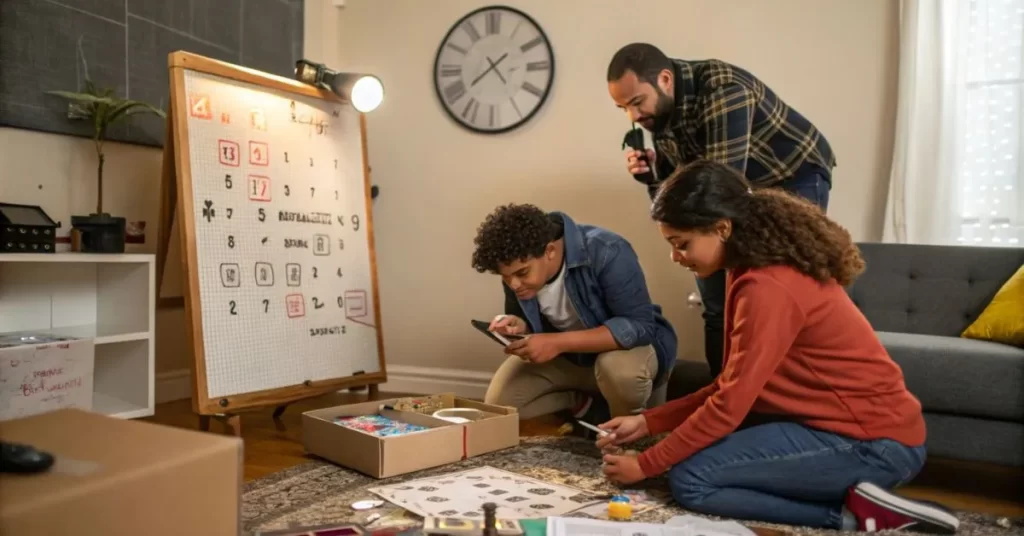 A family solving puzzles in a DIY escape room with keys, locks, and clues in a cozy living room.

