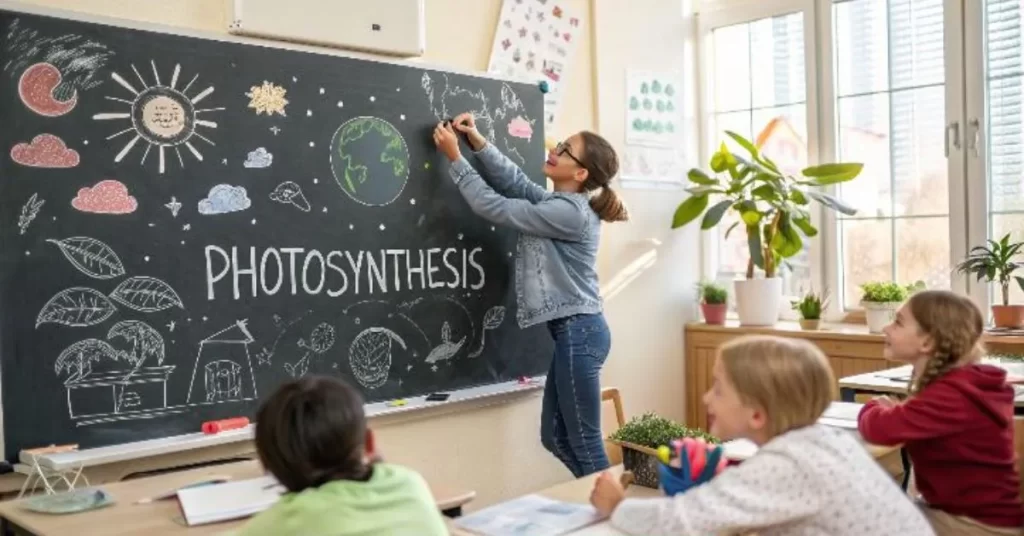 A teacher drawing "Photosynthesis" on a whiteboard while students eagerly guess in a lively classroom setting.