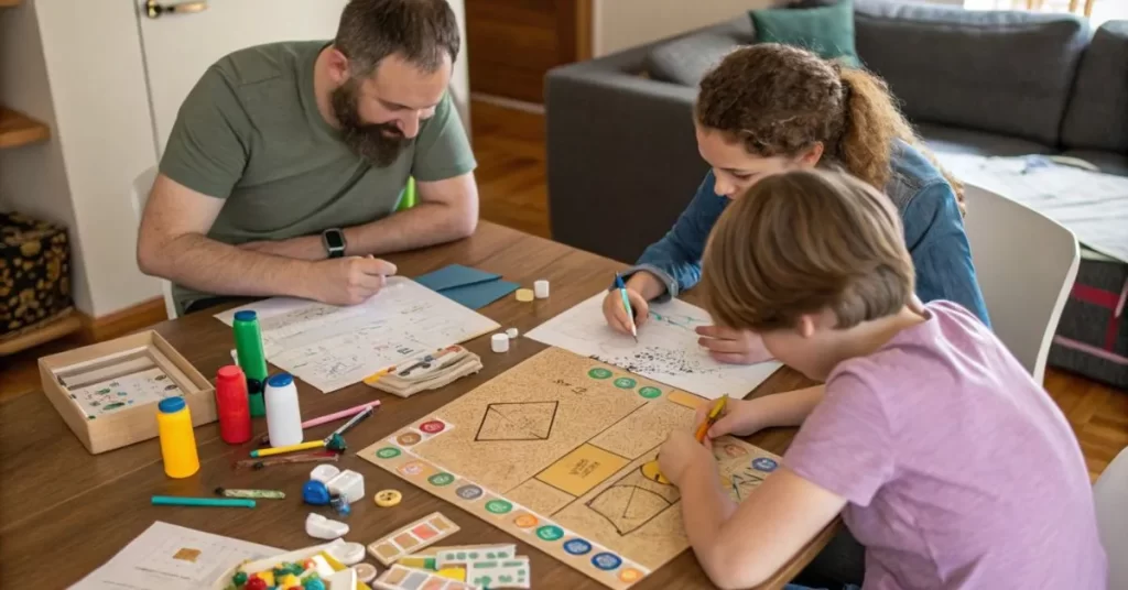 A family designing and testing their own custom board game with craft supplies and teamwork in a living room.