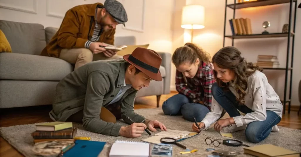 A family playing a detective mystery game, with clues and suspects scattered around the living room.