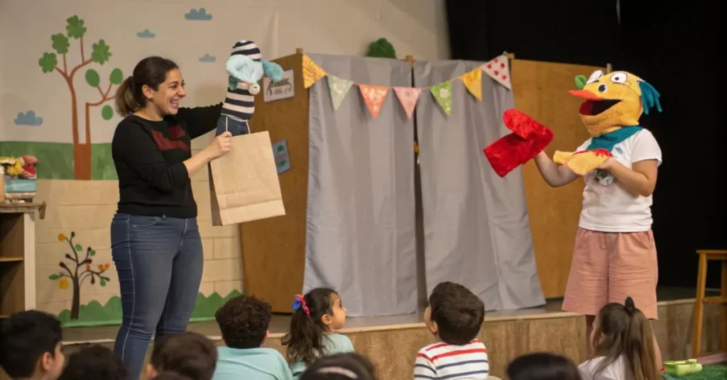 A family performing a DIY puppet show with handmade puppets and a craft stage, creating fun storytelling at home.