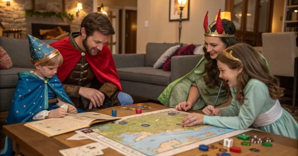 A family playing a fantasy role-playing game, dressed as characters and immersed in a creative adventure at home