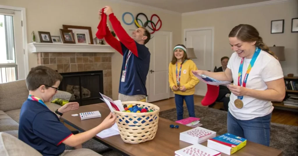 A family competing in indoor mini Olympic games, including sock toss, book balancing, and paper airplane contests.