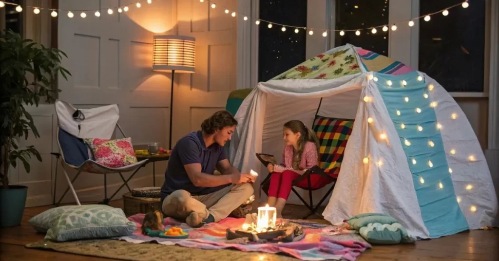 A family enjoying indoor camping with a blanket fort, fake campfire, and marshmallows in a cozy living room.