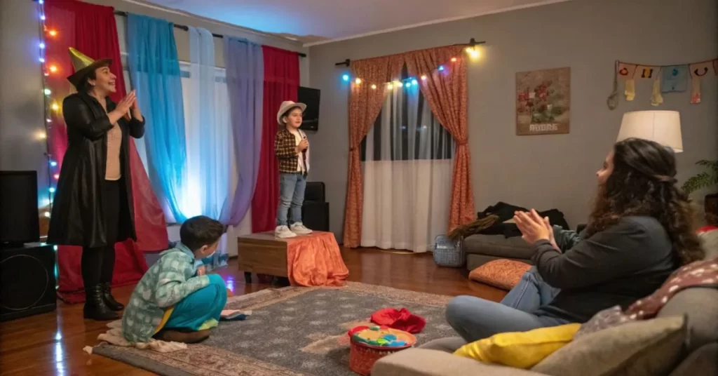 A family performing a theater play with costumes and props in a cozy living room, enjoying dramatic storytelling.