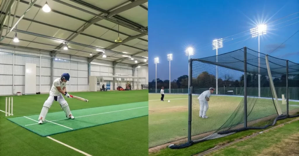 image comparing indoor and outdoor cricket setups]