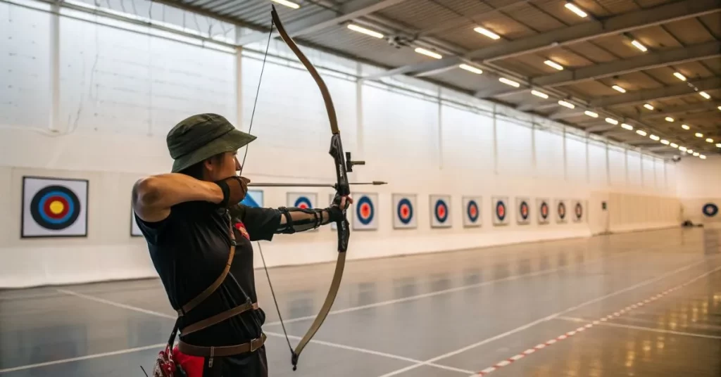 Archer in proper stance aiming at indoor target