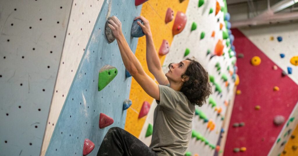  Person practicing indoor rock climbing on a colorful wall, focused and determined