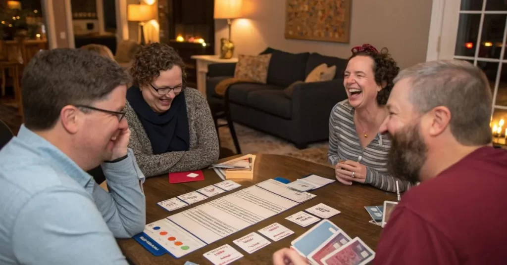 Group gathered around a table with trivia cards and scoreboard