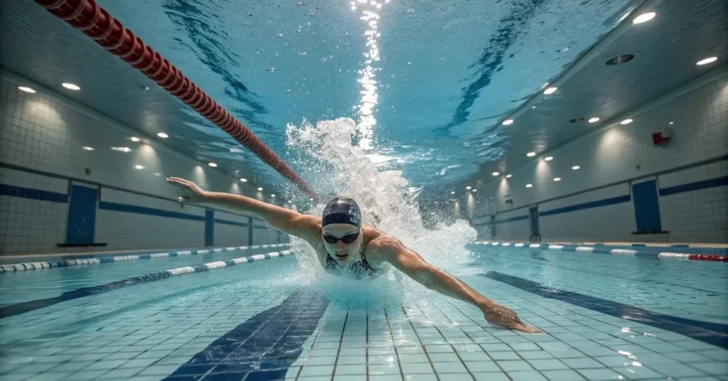 Swimmer performing laps in an indoor pool