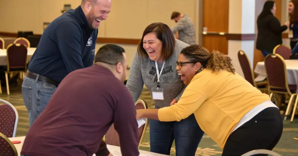 Group of adults working together on a team building exercise