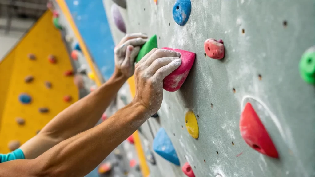  Close-up of hands gripping colorful climbing holds