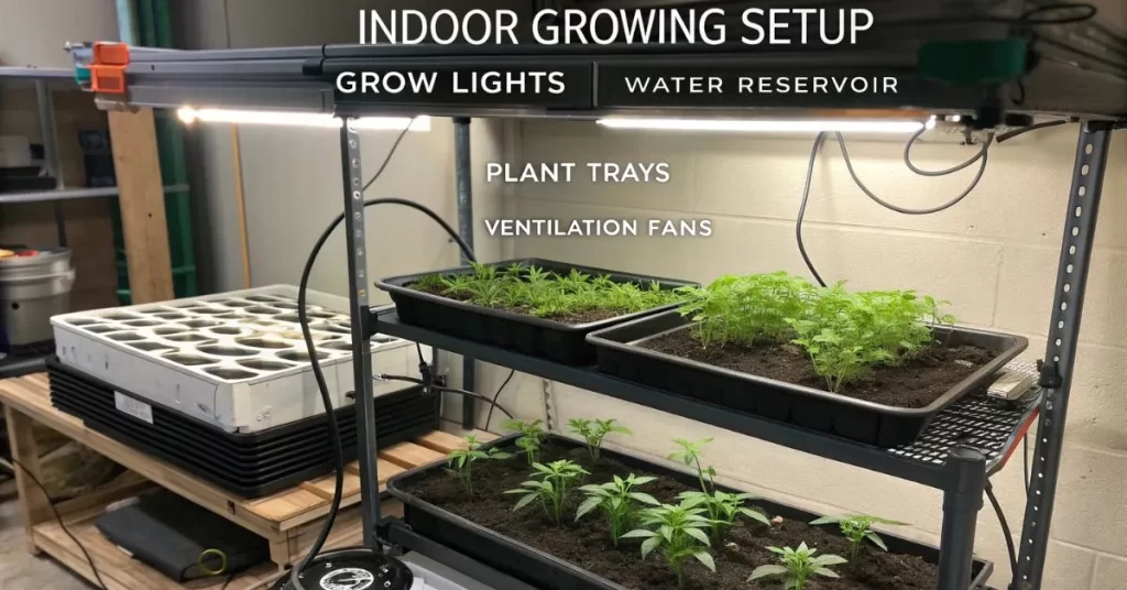 image of an indoor growing setup with labeled components