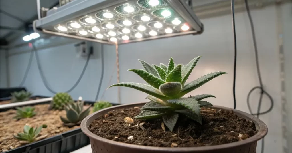 Image of seedlings under grow lights